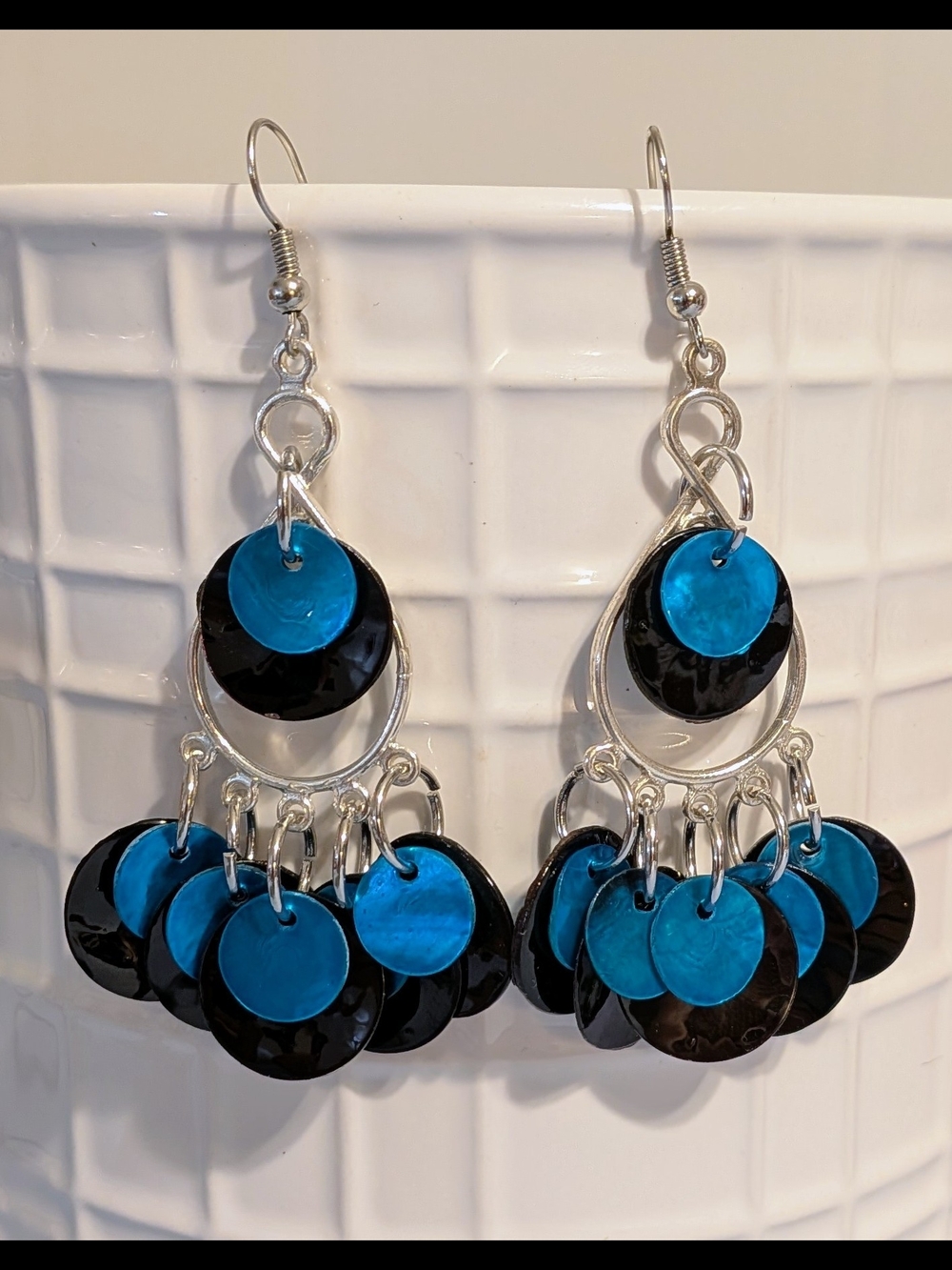 Black & Blue Shells on Silver Chandelier Dangle Earrings, Lightweight, Handmade